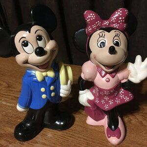 DISNEY CERAMIC MICKEY MOUSE FIGURINE 9 BLUE SUIT TOP HAT MINNIE PINK DRESS PURSE